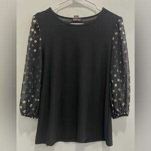 By Design Black Blouse with Sheer Polka Dot Sleeves size Medium